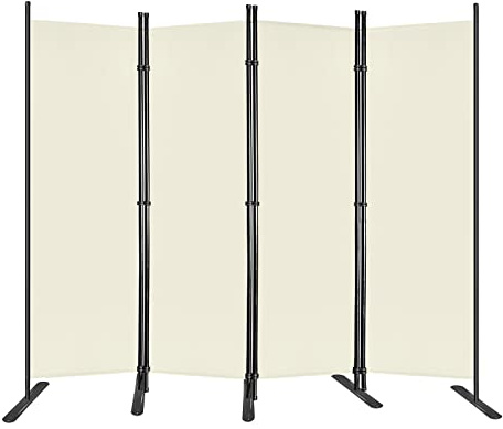 UISEBRT Paravent rumsavdelare för interiör, 4 delar, skiljevägg, insynsskydd, väggparaply med markpinnar och buntband, för balkong, trädgård, restaurang – beige, 225 x 180 cm