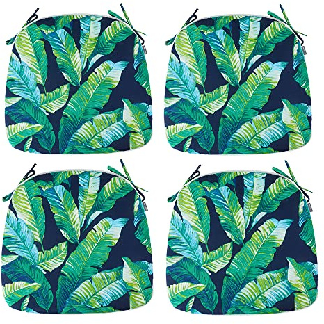 Magpie Fabrics 17x16x2 U-Shape Chair Cushions with Ties 4 Count, Outdoor Indoor Waterproof All Weather Seat Pads Decoration for Patio Garden Dining Office - Green Lagoon Leaves