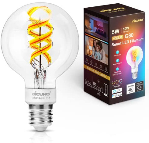 DiCUNO Lámpara LED inteligente con tecnología Wifi, E27 G80 5W, Bombilla Vintage Filamento globo, 450LM, cambio de color RGBCW, Compatible con Alexa, Echo, Echo Dot, Google Home, 230V, 1 Pieza