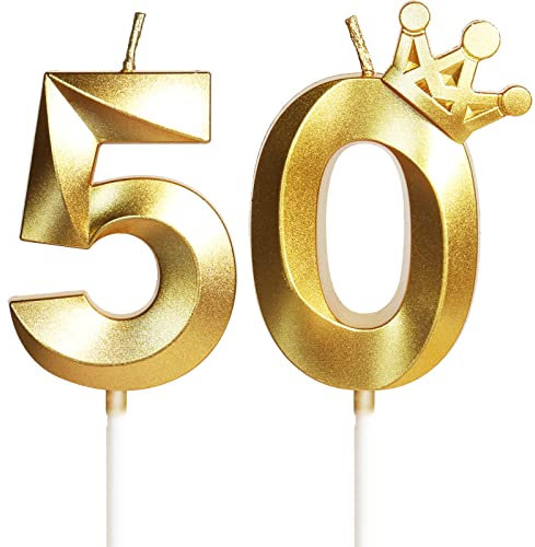 Geburtstagskerze 50 Zahlenkerze 50 mit Krone, 5cm Gold Geburtstagskerzen, Kerzen Geburtstag, Tortendeko Geburtstag, Tortendekoration für Kinder, Erwachsene, 50. Geburtstagsfeier, Jubiläum, Nummer 50