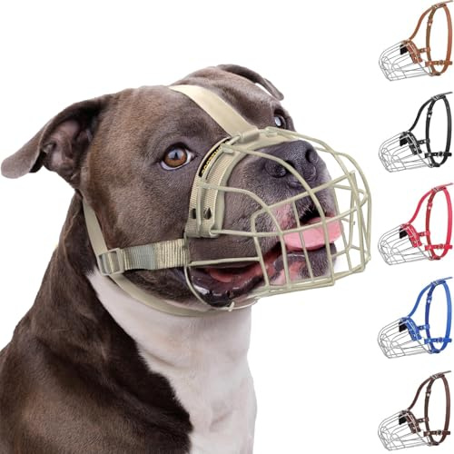 BRONZEDOG Museruola traspirante in metallo, cestino per cani di taglia grande, Pitbull, Amstaff, Staffordshire, Terrier, per non mordere, masticare, abbaiare (nylon, grigio)