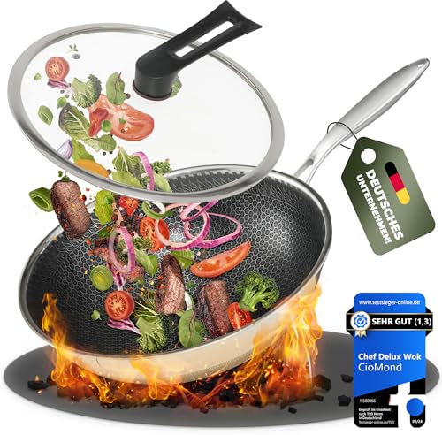 CioMond Wokpfanne Wok Pfanne Induktion ohne Deckel 28cm - aus Edelstahl mit Antihaft Wabenstruktur für Induktionsherd, Elektro, Gas - spülmaschinenfest, gleichmäßige Hitzeverteilung