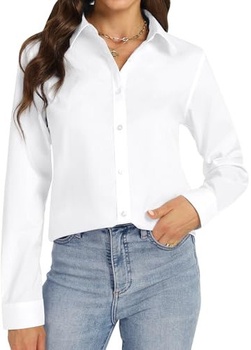 J.VER White Shirts for Women Long Sleeve Stretch Dress White Blouse Business Casual Fitted Non Iron Work Office Executive Fashion Solid Top M