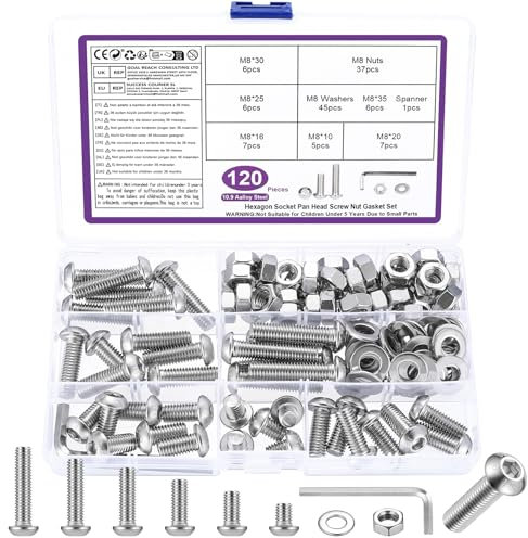Juego de 120 tornillos M8, tornillos hexagonales hexagonales, tornillos roscados plateados con tuercas con arandelas, tornillos de cabeza alomada y tuercas, juego de tornillos para bicicleta, con
