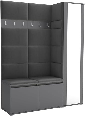 Brent - Garderobenschrank Flur Grau mit sitzbank 145 cm Breit Luton 7 - Multifunktionale Flurgarderobe Set mit Stauraum und Wandpaneel, Garderobe mit Sitzfläche und Kleiderhaken
