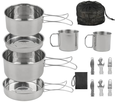 GEEKHOM Stainless Steel Camping Cookware Set - Outdoor Pot and Pan Set with Bonus Cutlery, Storage Bag, Perfect for Hiking, Camping, Backpacking, Picnics