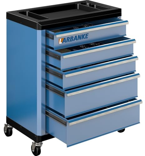 LARBANKE 5-Drawer Rolling Tool Chest with 360° Wheels and Lock&Keys,Tool Cabinet with Non-slip Pearl Cotton Mat and Multifunctional Countertop,Connecting Rods Can Be Connected with 7-Drawer Tool Chest