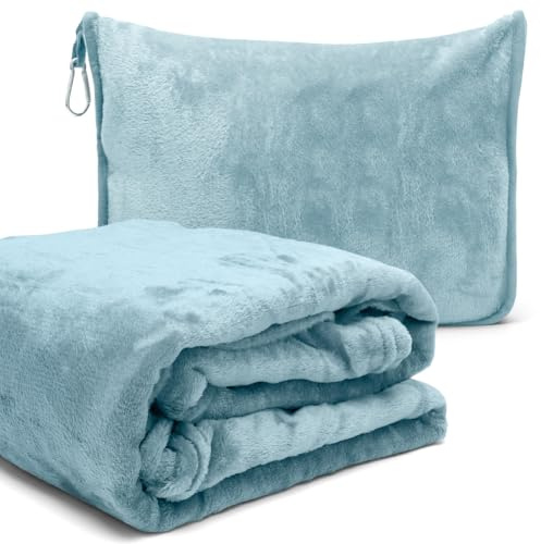 2-i-1 resefilt och resekudde med dragkedja, multifunktionell kudde, mjuk och varm flygplansfilt, gosig filt, örngott, kompakt filt för flygplan, bil, kontor, 127 x 152 cm (blå B)