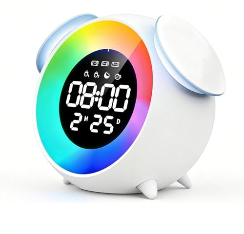 PORFOYO Sveglia luminosa per bambini, sveglia con 7 melodie musicali, simulatore di alba, allenamento digitale, 4 livelli di luminosità
