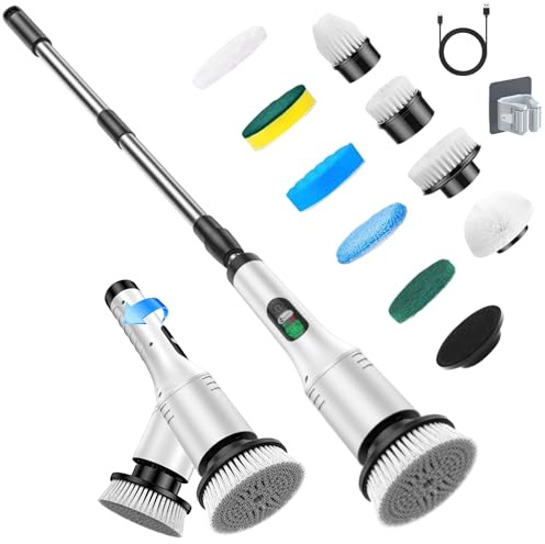 Saffory - Cepillo de limpieza eléctrico ajustable con ángulo de cabeza mejorado con 9 cabezales de cepillo reemplazables, IPX6 impermeable, mango largo extensible, 2 velocidades para baño, cocina