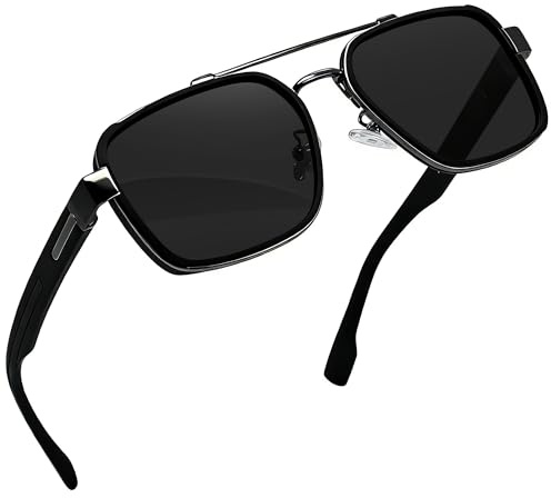 Joopin Occhiali da Sole Polarizzati Pilot Retrò a Doppio Ponte per Donna e Uomo Grandi Classico Quadrati Rettangolari Vintage Occhiali da Guida Protezione UV400 (Nero)