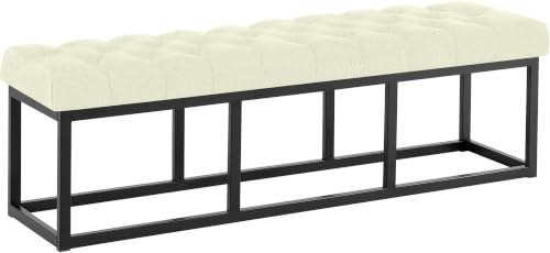 CLP Banco tapizado Amun para recibidor, Banco de Metal Negro con Pintura en Polvo Resistente, para Dormitorio, vestidor y Entrada Color Crema Tamaño 150 cm