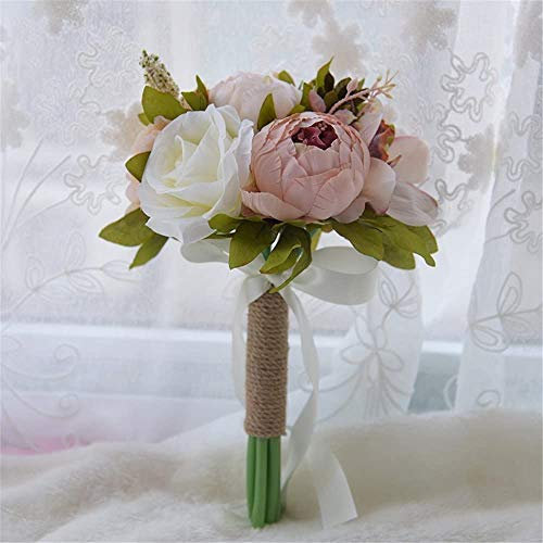 Fouriding Bouquet de Mariée Pivoines Vintage Fleur de Mariage Bouquet de Demoiselle d'honneur Enfant d'honneur Fleurs Artificielles Ruban