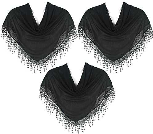 Hat To Socks Foulard Triangulaire avec Bande de Dentelles aux Fuseaux à Franges, pour les Femmes 3 Pack (Noir)