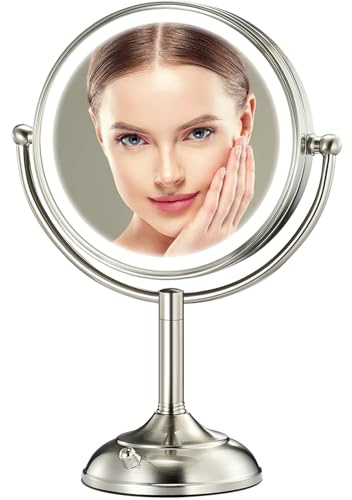 Professional 8.5 Large Lighted Makeup Mirror with Brighter Lights, 1X/10X True HD Magnifying Mirror with 3 Color Dimmable Lights, 90 Shadowless LEDs, 360°Swivel Seamless Vanity Mirror, Pearl Nickel