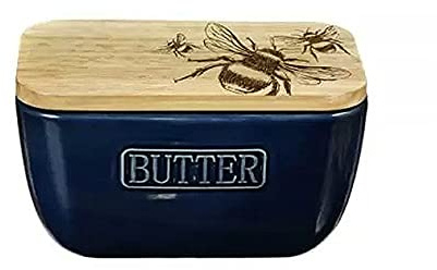 The Just Slate Company Bee Oak & Ceramic Butter Dish Blue JS/SO/BD/B/BM