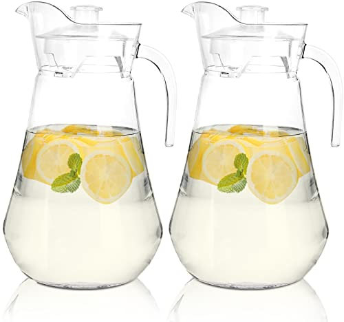 SOUJOY 2 Pack Plastic Pitcher, 2L Clear Iced Water Jug with Lid and Handle, Heat Resistant BPA-Free Tea Pitcher for Lemonade, Juice, Milk, Cold or Hot Beverage