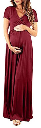 LANGWEI Vestido De Maternidad Maxi Algodón Verano Cuello En V Manga Corta Fiesta De Noche Informal Vestidos Largos,Rojo,M