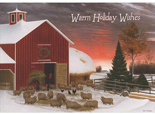 LPG Greetings Farm in Winter: Red Barn, Fence, Sheep and Chickens Box of 18 Christmas Cards