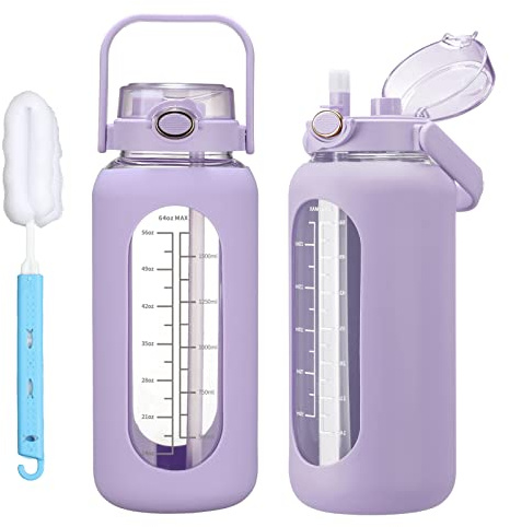 chunmo 64oz Glass Water Bolttles with Straw Half Gallon Large Motivational Water Bottle with Time Marker Sports Water Bottles with Silicone Sleeve and Handle Lid Water Jug for Gym Workout