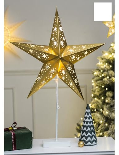 LED Weihnachtsstern mit Fuß Tischlampe - 66 x 45 cm - Batteriebetrieben mit 10 warmweißen LEDs - Goldfarbig Perfekt für stimmungsvolle Innenraumbeleuchtung - Fenster Deko Stern Lampe