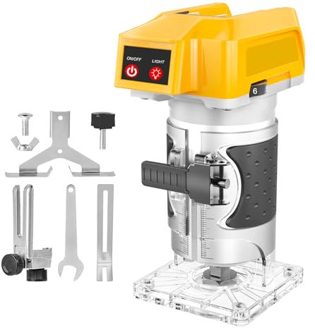 Cordless Electric Hand Palm Router Tool Compatible with Dewalt Battery DCB205 DCB206, Brushless Router Trimmer, 18000RPM Power Wood Router Table Tool with 1/4 Router Bits, Without Battery & Charger