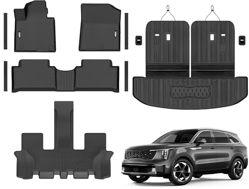 XEEQQMO Golvmattor för Kia Sorento 2021–2026 (6 och 7 säten – ej för hybrid), inklusive bagageutrymmesmatta, ryggstödsskydd och matta för 3:e raden