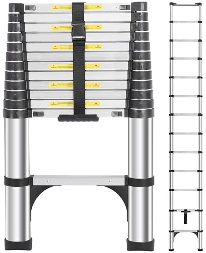 DEZEX Telescoping Ladders 16.5 FT Aluminum Ladder - One-Button Retraction Collapsible Extension Ladder for Home, Outdoors, RV, Attic & Loft, Lasts 330 LBS with 2 Triangle Stabilizers
