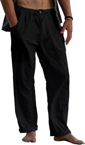 Runcati Pantalon en lin pour homme, léger, long, en couleur unie, pour le temps libre, la plage, le yoga, avec cordon de serrage, Noir , M