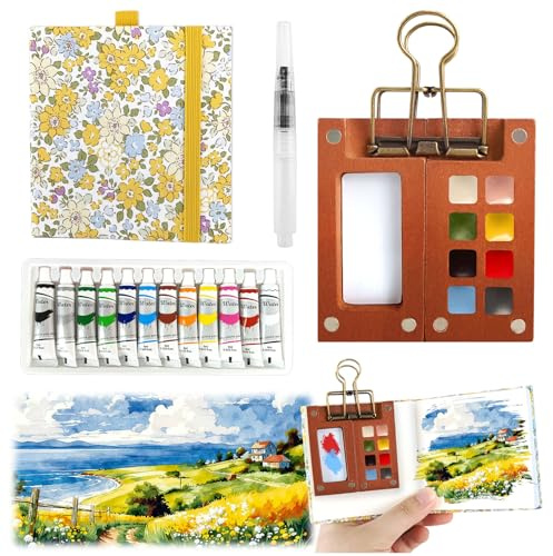 5 Pcs Pocket Artist Watercolour Travel Set, 8 Grids Portable Watercolor Palette Travel Watercolour Paint Set Mini Paint Palette Travel Kit with Foldable Wooden Palette for Painting Lovers Artists