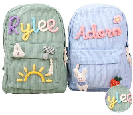 REQTYUI Personalized Corduroy Backpack, Custom Embroidered Name Aesthetic School Bag, Monogram Book Bag for Toddlers and Kids (Green)