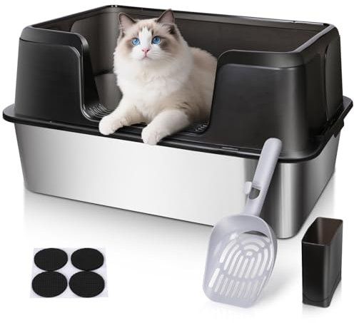 MASTERTOP Katzenklo Edelstahl XXL, Katzentoiletten Edelstahl mit Schwarzer Box & Katzenschaufel – Selbstreinigende, offene Katzentoilette Große für Katzen (60x40x31,5 cm), Rostfrei & Langlebig