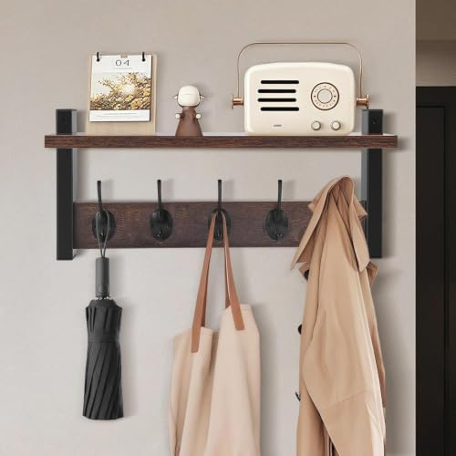 QCXWCJWD Wall Mounted Coat Rack with Shelf, 5 Sturdy Hooks, 43.5cm Rustic Entryway Organiser, Heavy Duty Coat Hanger Wall Mount for Hallway, Bedroom & Bathroom