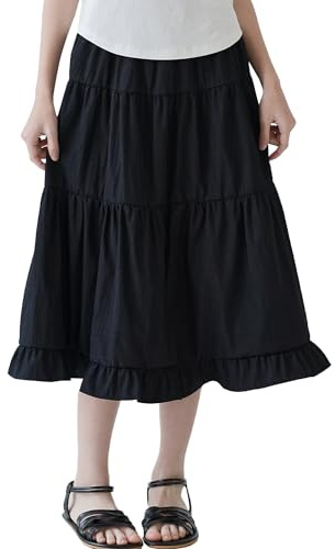 Happy Cherry Gonna Lunga Bambina Ragazze Gonne Casual a Vita Elastica Alta Gonna Midi Plissettata A-Linea Primavera Estate Autunno Tinta Unita Nero 11-12 Anni
