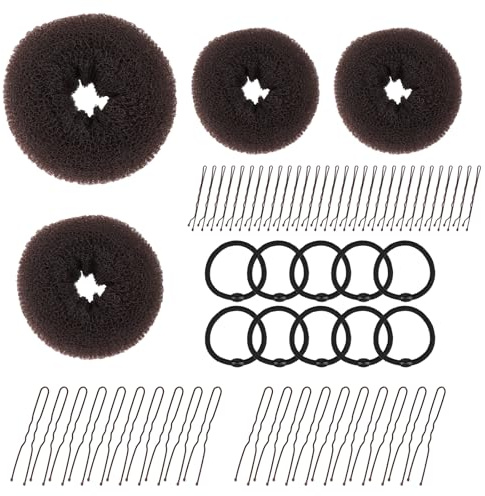 Hair Donuts for Buns, 4pcs Brown Hair Bun Maker, Round Hair Updo Accessories with Hair Pins and Bands, Hair Padding for Women Doughnut Shaping