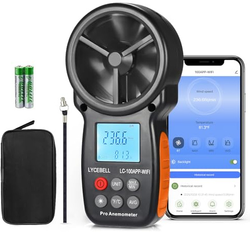 ‌LYCEBELL Anemometro Professionale con Controllo WiFi & Registrazione Dati – Misuratore Sans Filo di Velocità del Vento e Temperatura per HVAC, Droni, Vela, Surf, con MAX/MIN/MED, Compatible Zigbee‌