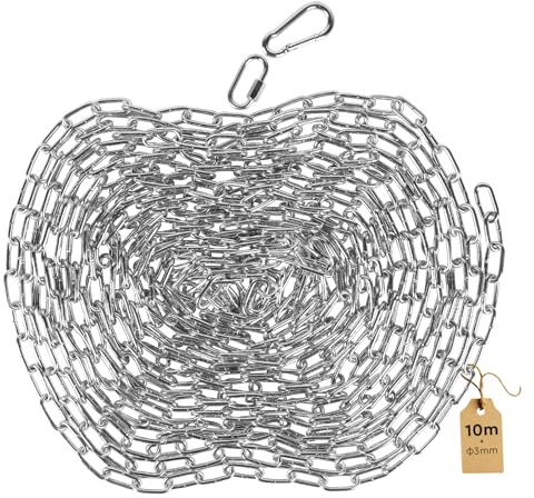 SWAWIS 10m Catena in Acciaio Zincato Ø 3mm, con M3 Anello Rapido e Moschettone a Molla, Catena in Metallo per Guinzagli per Cani Catene Divisorie Catenelle per Lampade Decorazioni DIY(Argento)