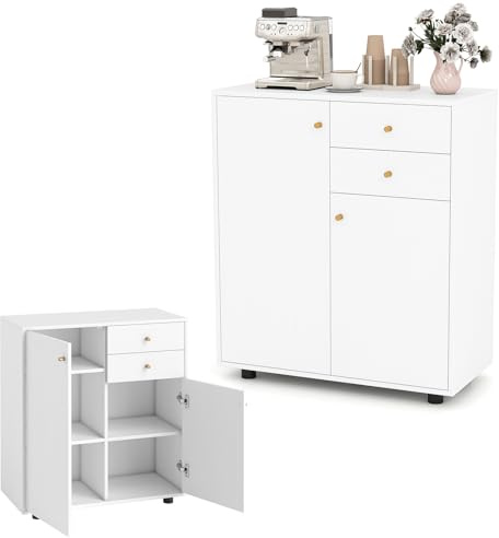 KOMFOTTEU Mobile Dispensa con 2 Cassetti, Credenza da Cucina con 2 Ante, Mobiletto Basso con 3 Ripiani Regolabili, Armadio a Buffet per Sala da Pranzo, Soggiorno, 74x35x85,5 cm(L x P x A) (Bianco)