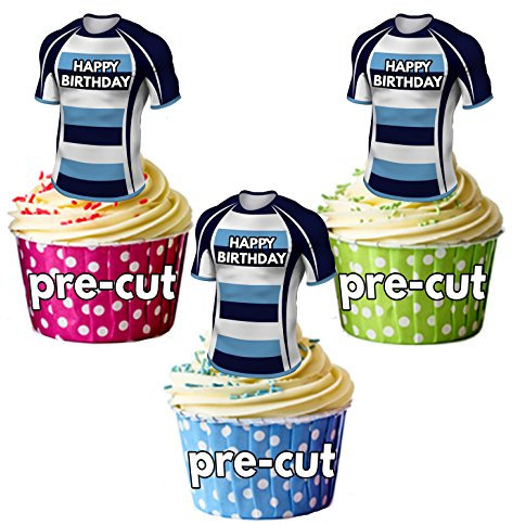 AK Giftshop PRECUT Happy Birthday Rugby Shirts - Edible Cupcake Toppers/Cake Decorations Bedford Blues Colours (Pack of 12)