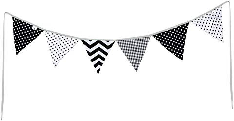 PREMYO Wimpelkette Kinderzimmer Unisex Stoff - 6 Wimpel Girlande Beidseitig - Babyzimmer Deko Schwarz Weiß