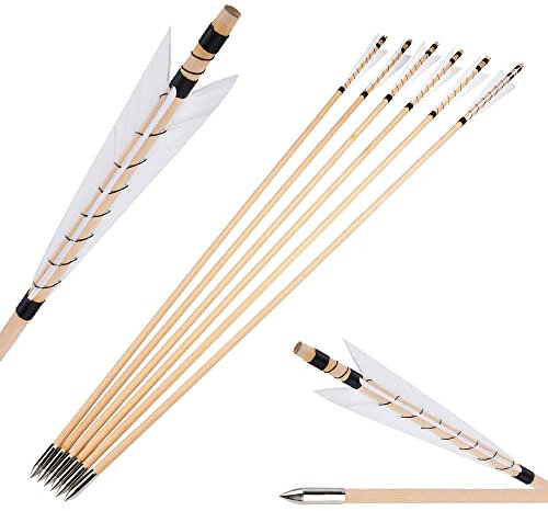 SHARROW 6/12 Stück Bogenschießen Holzpfeile Traditionelle Jagdpfeile Hölzern Pfeilschaft mit 5 Naturfedern Metall Pfeilspitzen Pfeile aus Holz für Recurvebogen Langbogen (12 Stück, Weiß)