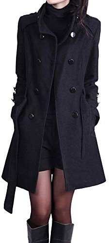 LOIJMK Chaqueta de invierno para mujer, larga, monocolor, abrigo para mujer, gabardina con cinturón, chaqueta clásica para exteriores, cortavientos, chaqueta de transición a prueba de viento, Negro ,