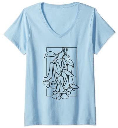 Damen Blume Floral mit großen Glockenblüten Glockenblume T-Shirt mit V-Ausschnitt