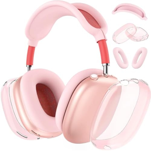 MOLOPPO Case Cover for AirPods Max Headphones, Silicone Ear Pad/Headband Cover/Clear Soft TPU Ear Cups, [3 in 1] Accessories Protector for Apple for AirPod Max (2024/2020), Pink