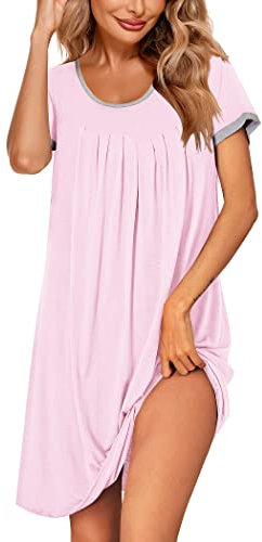 Ekouaer Nachthemd Damen große größen Sleepshirt Kurzarm Nachtwäsche Kurz Locker Bigshirt Rundhals Schlafshirt, Rosa, XXL