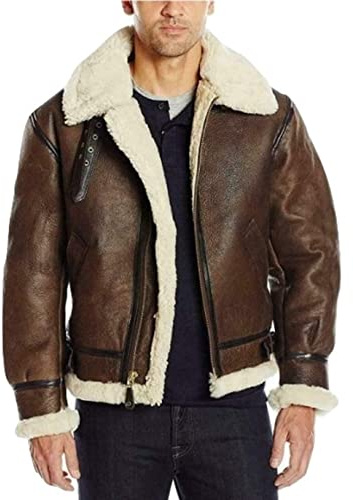 ZA Fashion Cloud Men's B3 Bomber Aviator Shearling Sheepskin Leather Winter Flying Brown Jacket