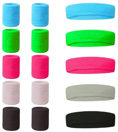Pinsheng 15 Stück Schweissband Set 80er Neon Schweissband Handgelenk Stirnband Sport Elastisch mit 10 Stück Armbänder für Damen Herren Basketball Tennis Fitnessstudio Karneval (5 Farbe)