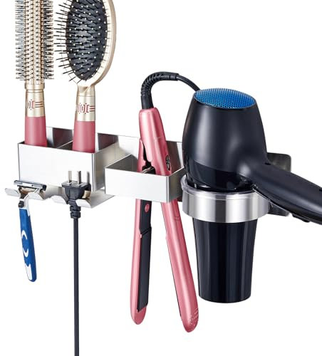 Hair Dryer Holder Wall Mount, Hairdryer and Straightener Holder, Stainless Steel Hairdryer Holder Station, Adhesive Hair Dryer Stand, Hair Tools Organiser for Bathroom Hair Salons Dressing Table