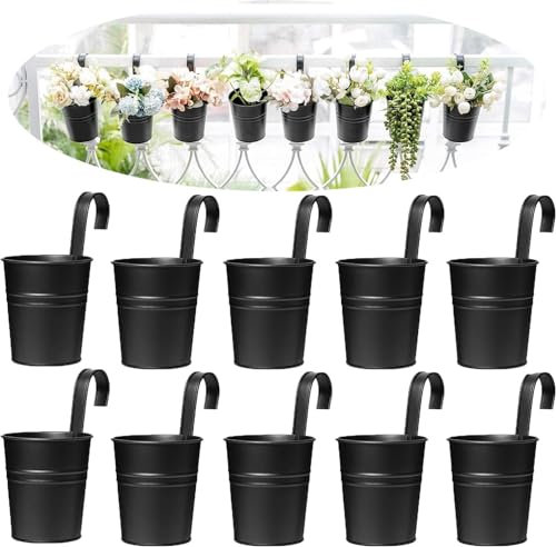 BSTMOME Metal Hanging Flower Pots with Detachable Hook Balcony Flower Bucket Wall Planter Hanging Basket Garden Home Ornaments Indoor/Outdoor Home Decor (Black)