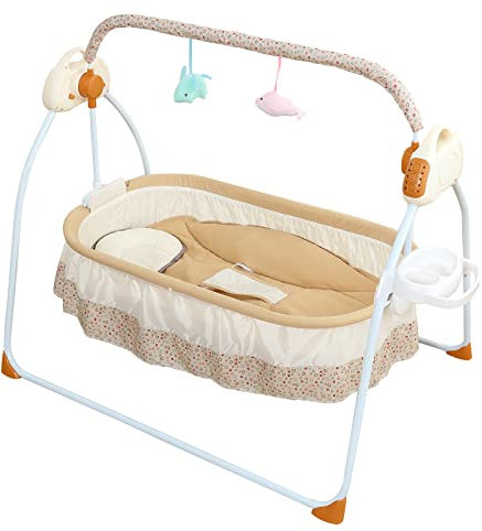 Zusammenklappbares elektrisches Kinderbett, 5 Geschwindigkeiten einstellbar, 25kg ferngesteuerte automatische Wippe mit Mp3-Musikwiedergabe, Elektrischer Stubenwagen mit Sicherheitsgurt (Khaki)